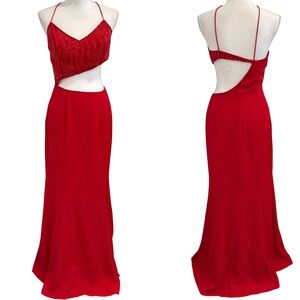 VTG Y2K Showtime Red Beaded Asymmetrical Midriff Cutout Prom Gown Sexy Witch 90s